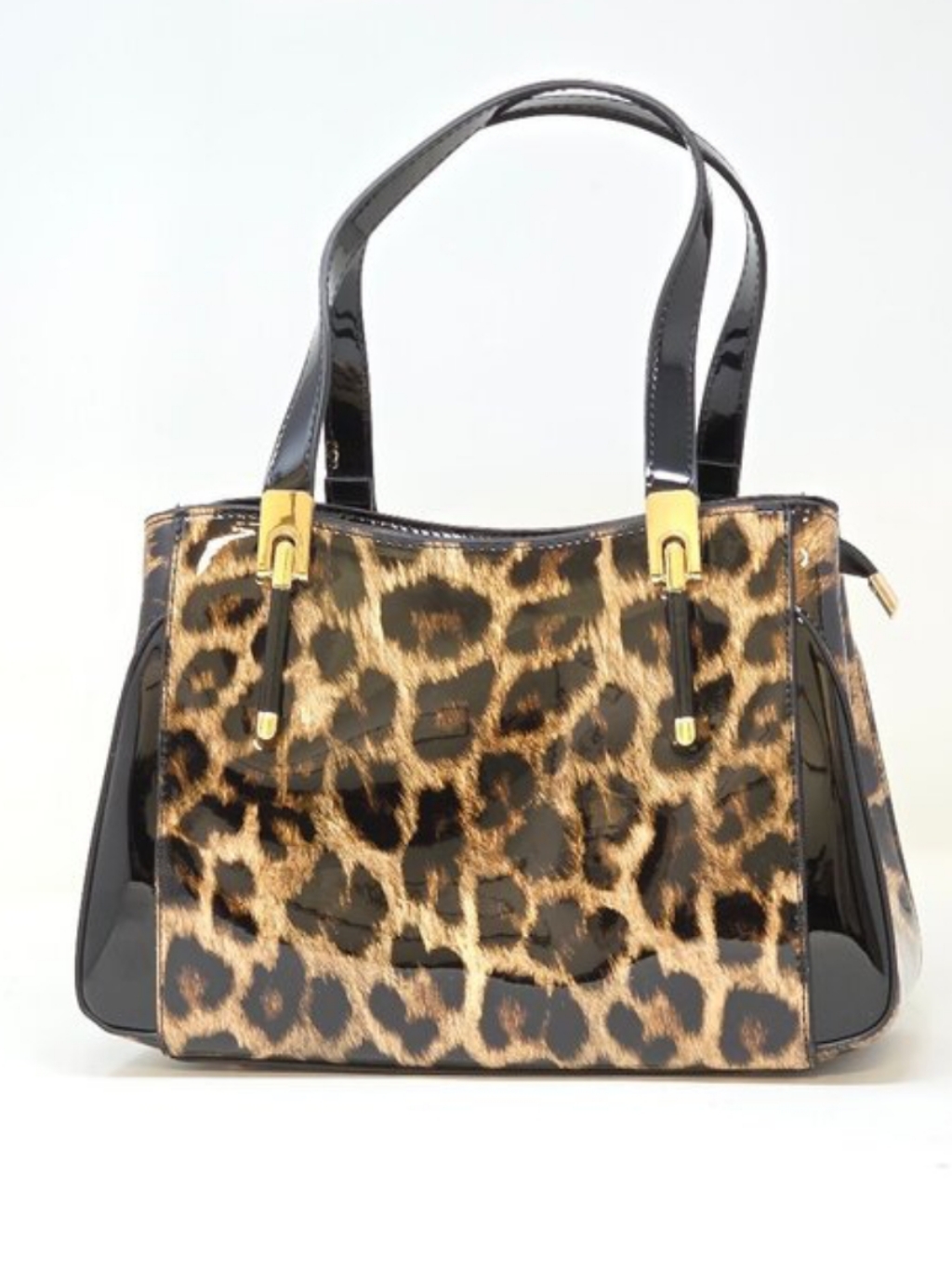 Leopard Print Patent Vegan Leather Satchel Bag